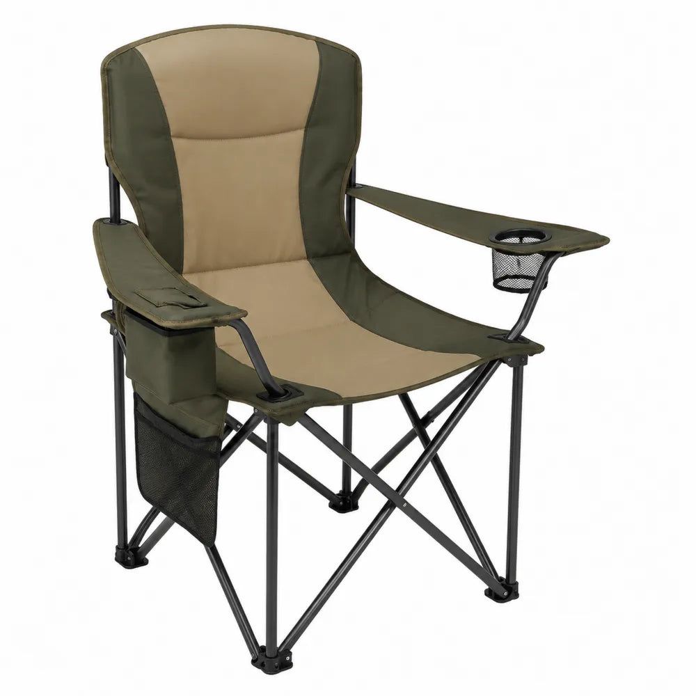 Chaise de camping pliante avec accoudoirs et porte-gobelet en acier et polyester Oxford kaki beige noir 88 x 55 x 105 cm