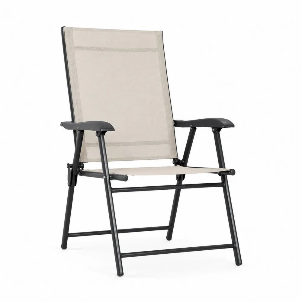 Chaise de jardin pliante en acier noir et textilène beige dossier haut 56 x 65 x 105 cm