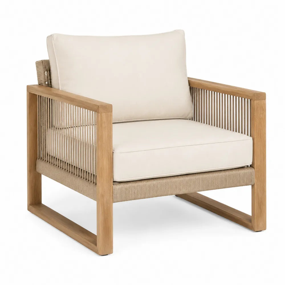 Fauteuil de jardin 1 place en bois d’acacia corde polyester beige coussins crème 82 cm x 82 cm x 78 cm