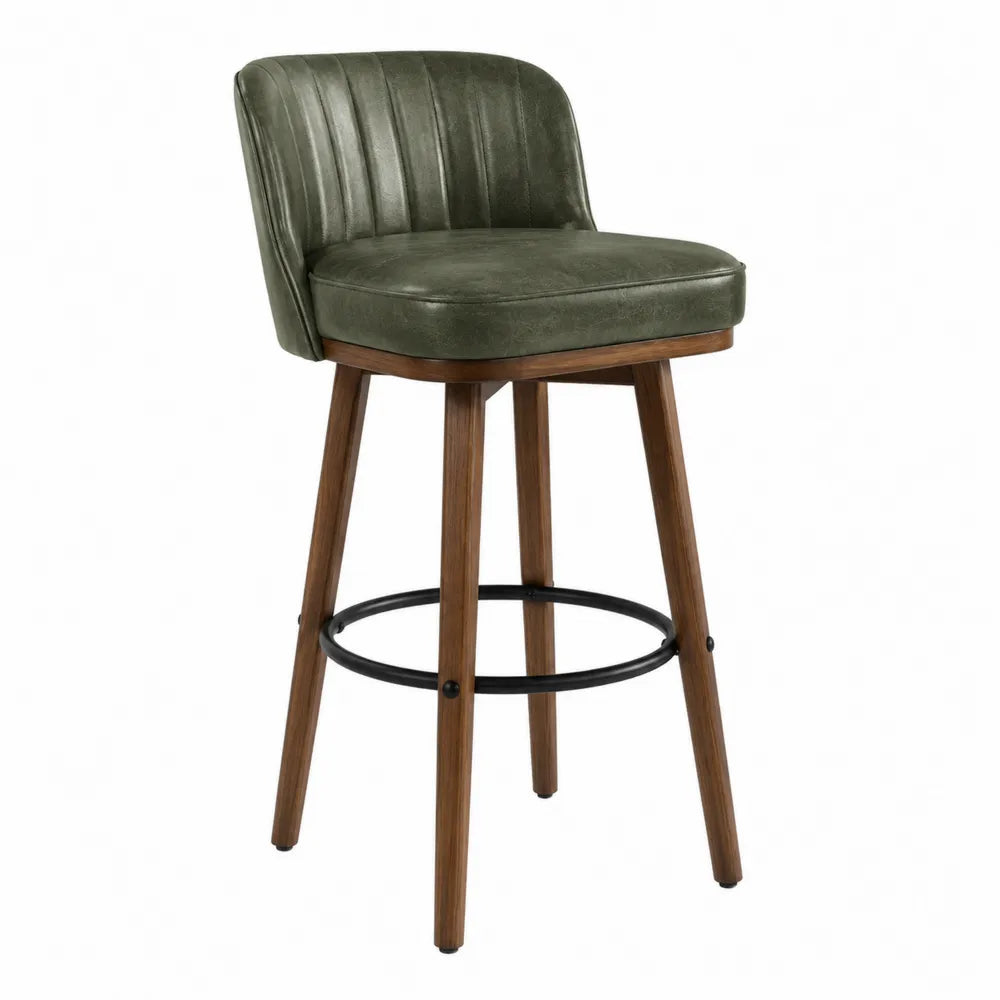 Tabouret de bar avec dossier en PU vert olive pieds en bois massif noyer repose-pieds en acier noir style industriel 45 x 45 x 95 cm