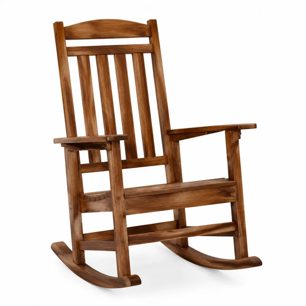 Fauteuil à bascule de jardin en bois massif d’acacia marron avec dossier à lattes et accoudoirs 62 cm x 90 cm x 111 cm