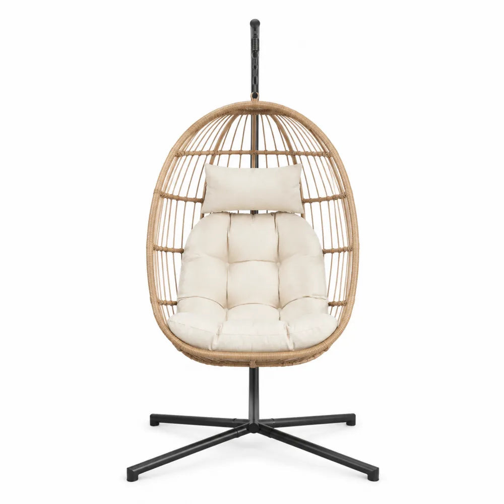 Fauteuil suspendu de jardin 1 place en résine tressée PE naturel avec support acier noir et coussins écru