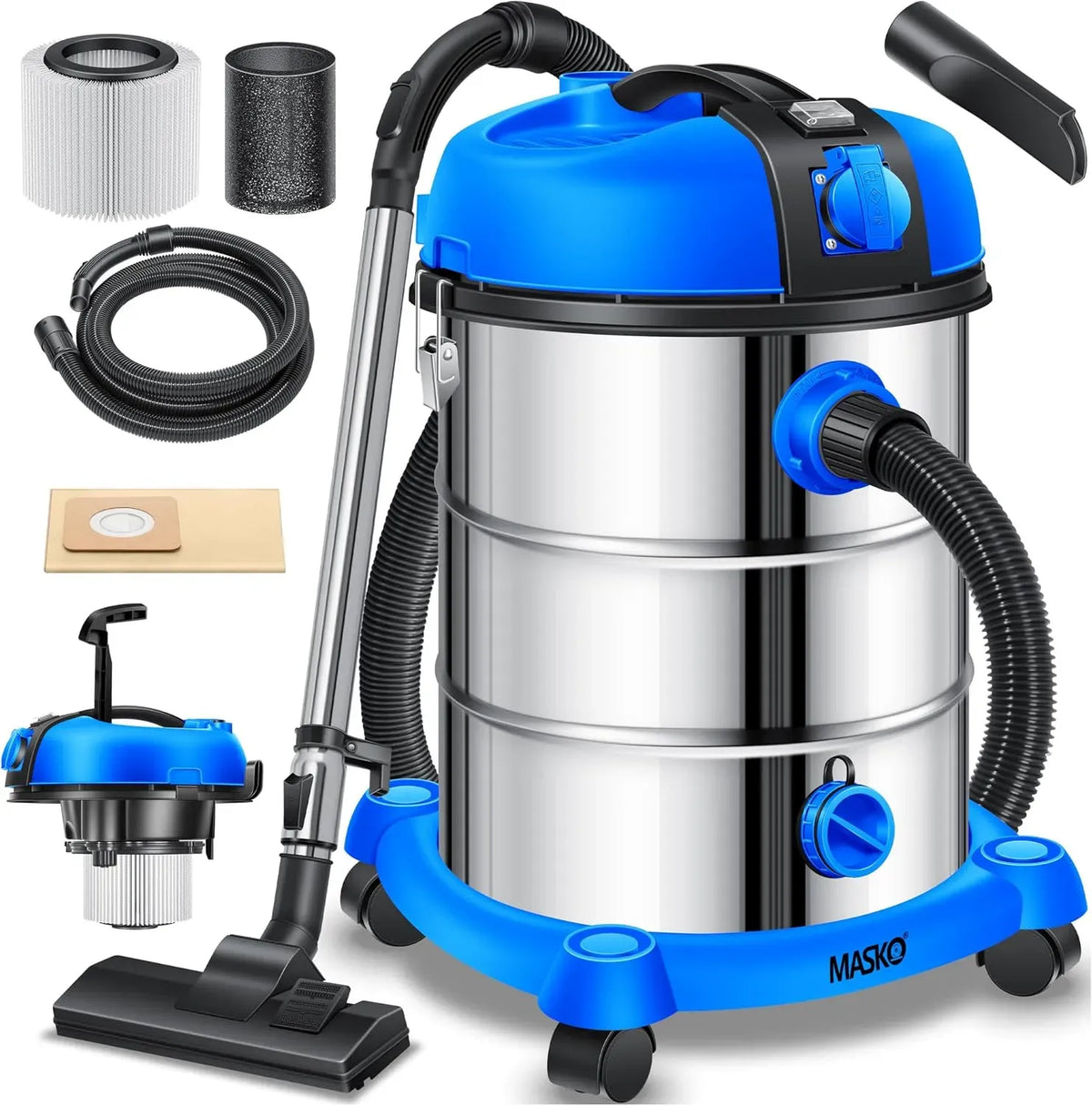 Aspirateur, 300 W, industriel, acier inoxydable, bleu