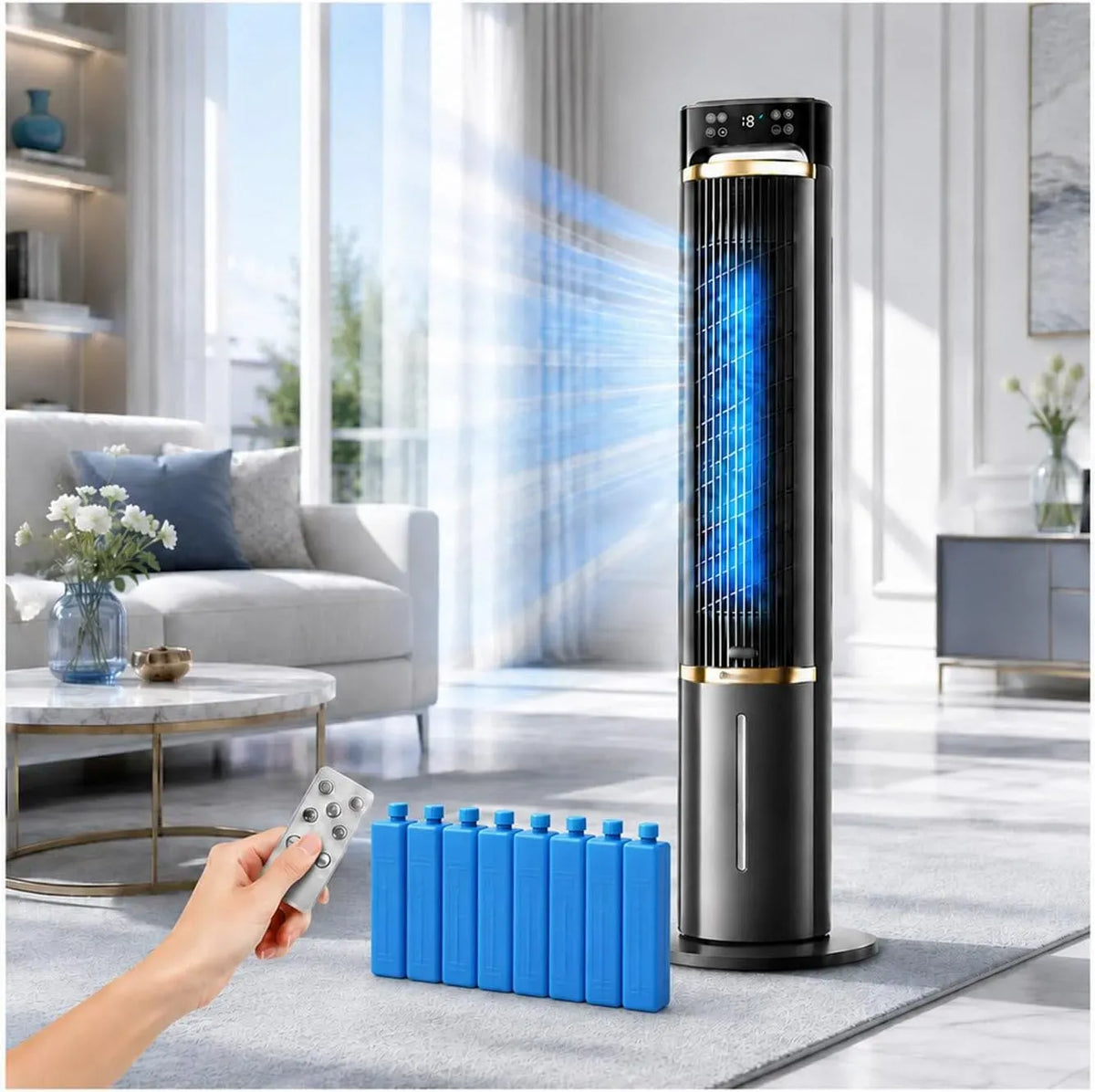 Climatiseur 12h, tactile, minuteur, 3 vitesses, oscillation, silencieux, Ventilateur Colonne Silencieux avec Pack de Glace, Écran Tactile