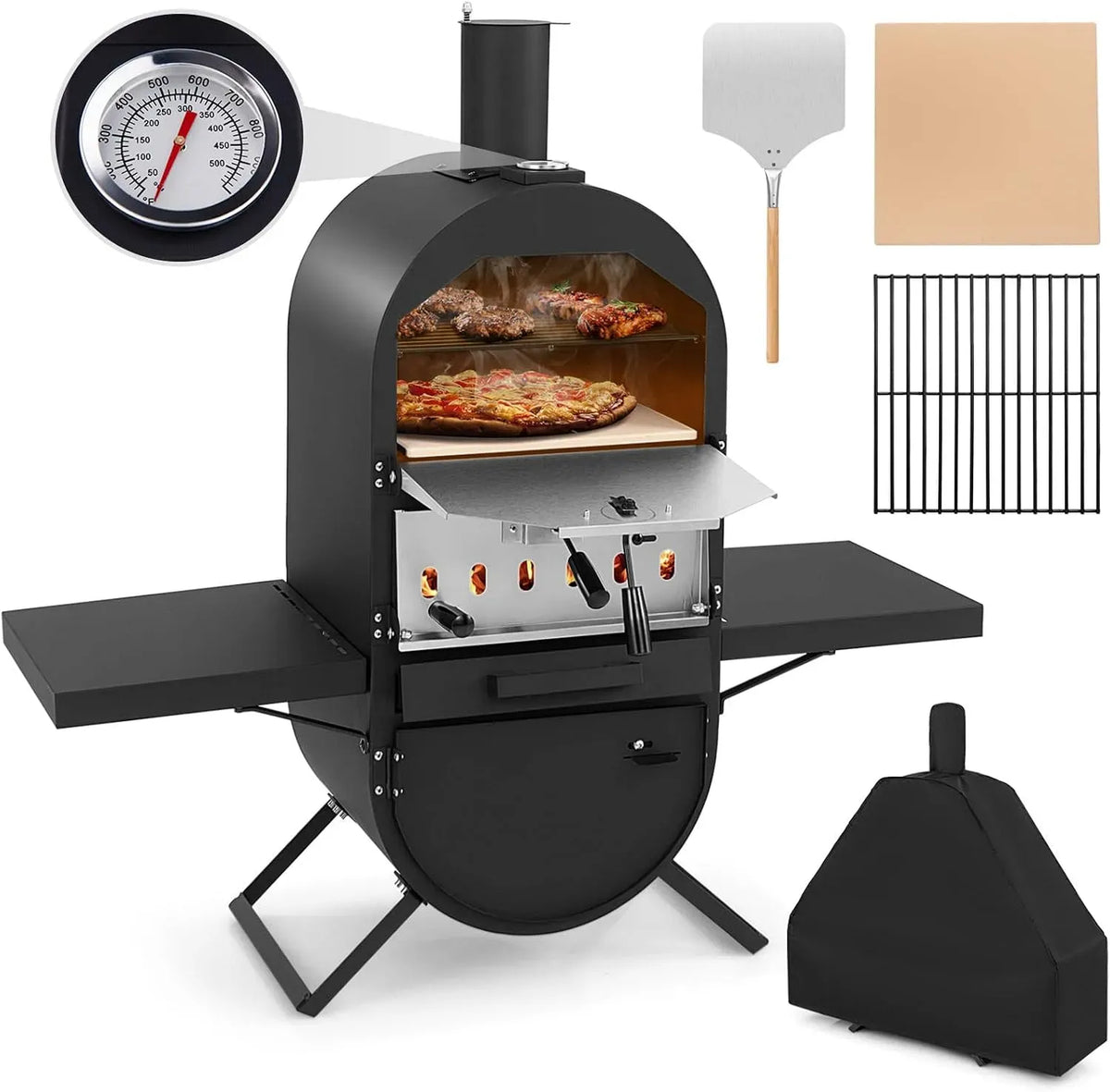 Four électrique à pizza, GYMAX, extérieur, gril, 2 zones de température, Cuisson Facile avec Gril de Barbecue, Température Max 400℃, Pelle à Pizza