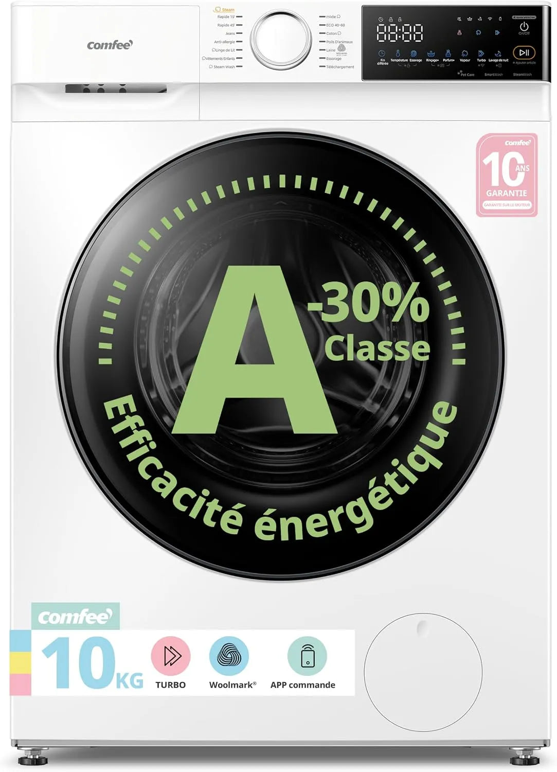Lave-linge, 10 kg, classe énergétique A, COMFEE' 1400RPM CF10EWP07W, App commande intelligente, Rapide 15'/45', Steam Wash