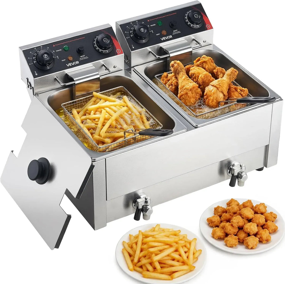 VEVOR Friteuse Électrique Professionnelle, en Inox avec Paniers Couvercles Thermostat Minuterie et Protection Antisurchauffe, pour Frites Restaurant