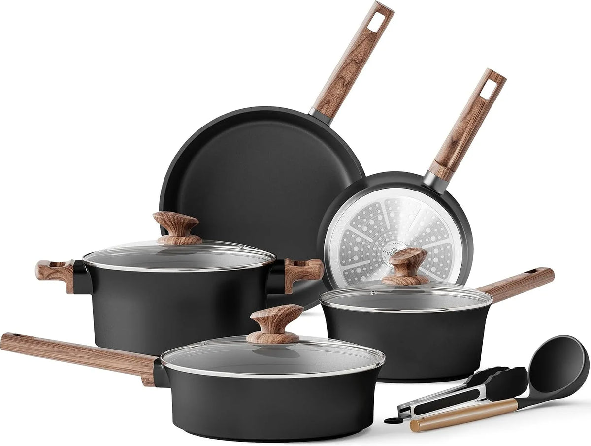 Ustensile de cuisson, noir, ustensile de cuisine, Kitchen Academy Casseroles et Poêles à Induction en Céramique 10 PCS Noir