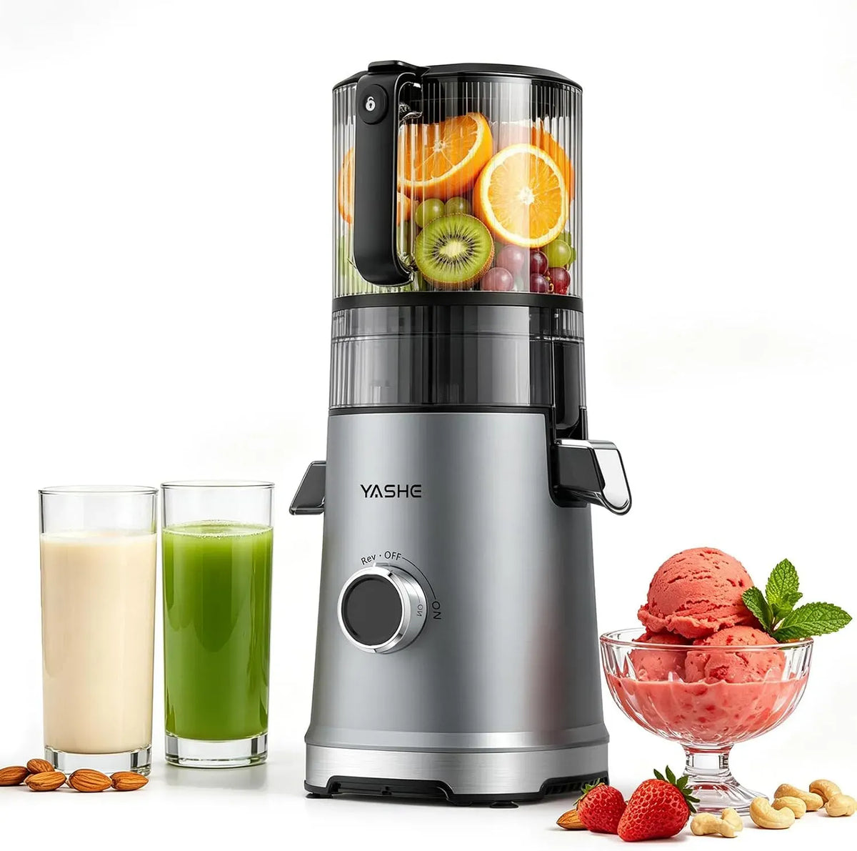Lave-vaisselle, 1 L, 600 W, YASHE 3-en-1, Goulotte Extra-Large 152 mm pour Fruits et Légumes Entiers, Extracteur de Jus à Froid 600W, Capacité 1L