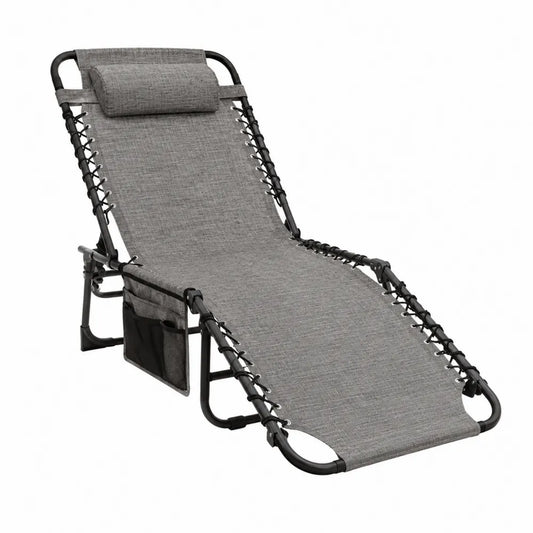 Chaise longue de jardin pliante réglable en acier noir et textilène gris chiné 165 x 65 x 110 cm
