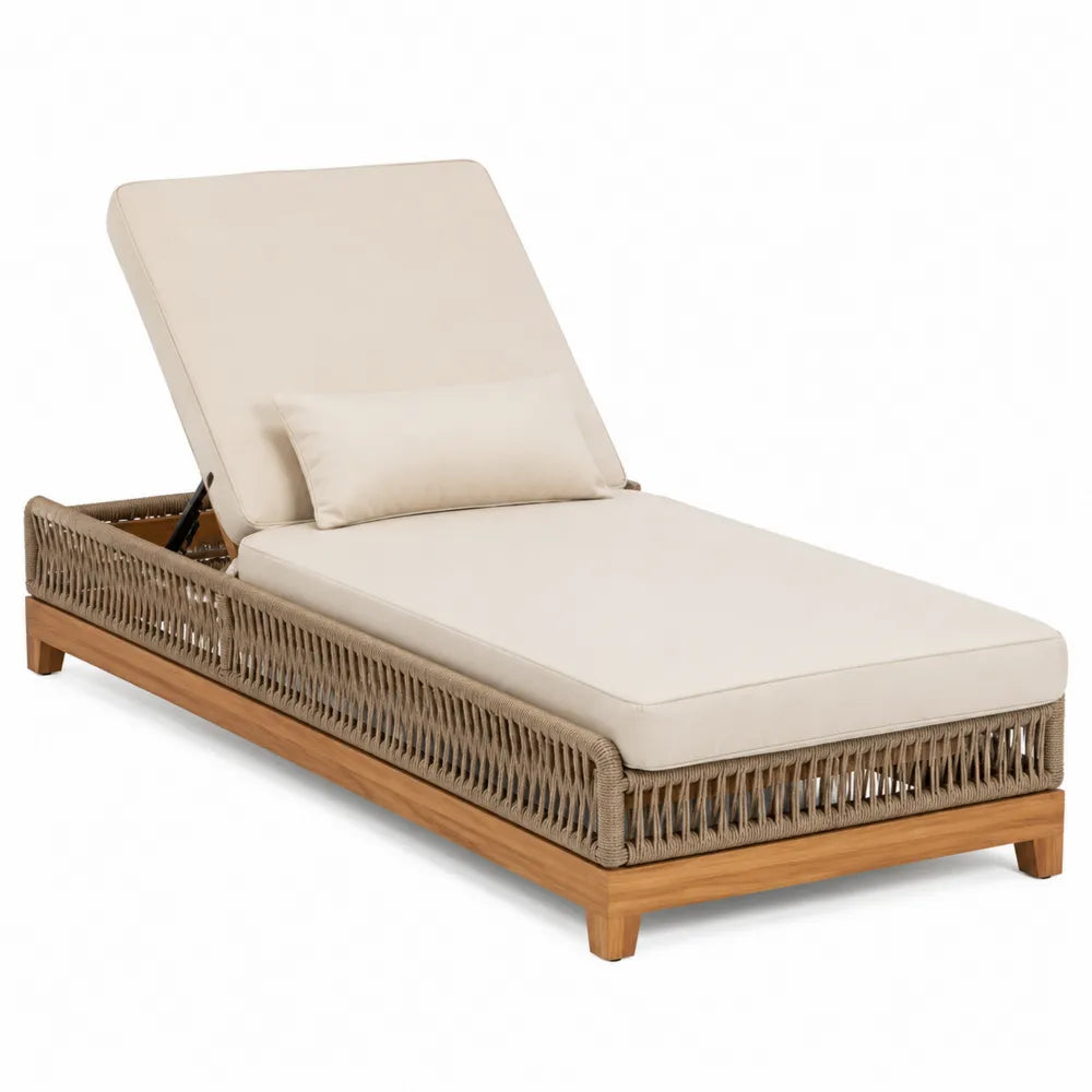 Bain de soleil de jardin réglable en bois d’acacia et résine tressée avec coussin polyester beige 200 cm x 75 cm x 85 cm