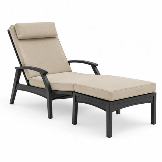 Chaise longue de jardin réglable en aluminium noir avec coussins polyester beige et accoudoirs environ 200 cm x 65 cm x 90 cm