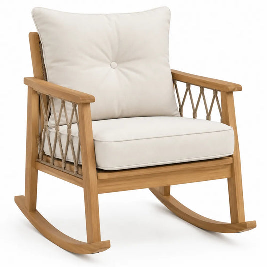 Fauteuil à bascule de jardin en acacia massif avec coussins écru et corde beige 74 x 88 x 92 cm