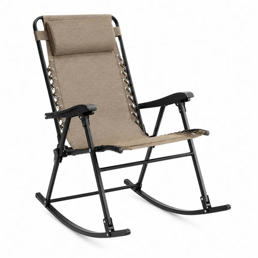 Chaise à bascule de jardin inclinable en acier noir et textilène taupe avec appui-tête 67 x 105 x 98 cm