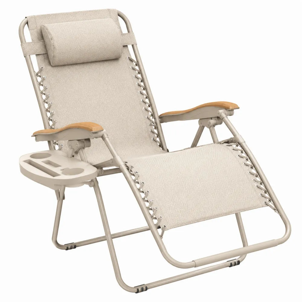Chaise longue de jardin pliante zéro gravité en acier beige et textilène beige avec tablette porte-gobelet 165 x 68 x 110 cm