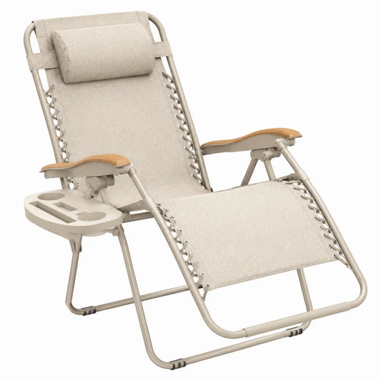 Chaise longue de jardin pliante zéro gravité en acier beige et textilène beige avec tablette porte-gobelet 165 x 68 x 110 cm