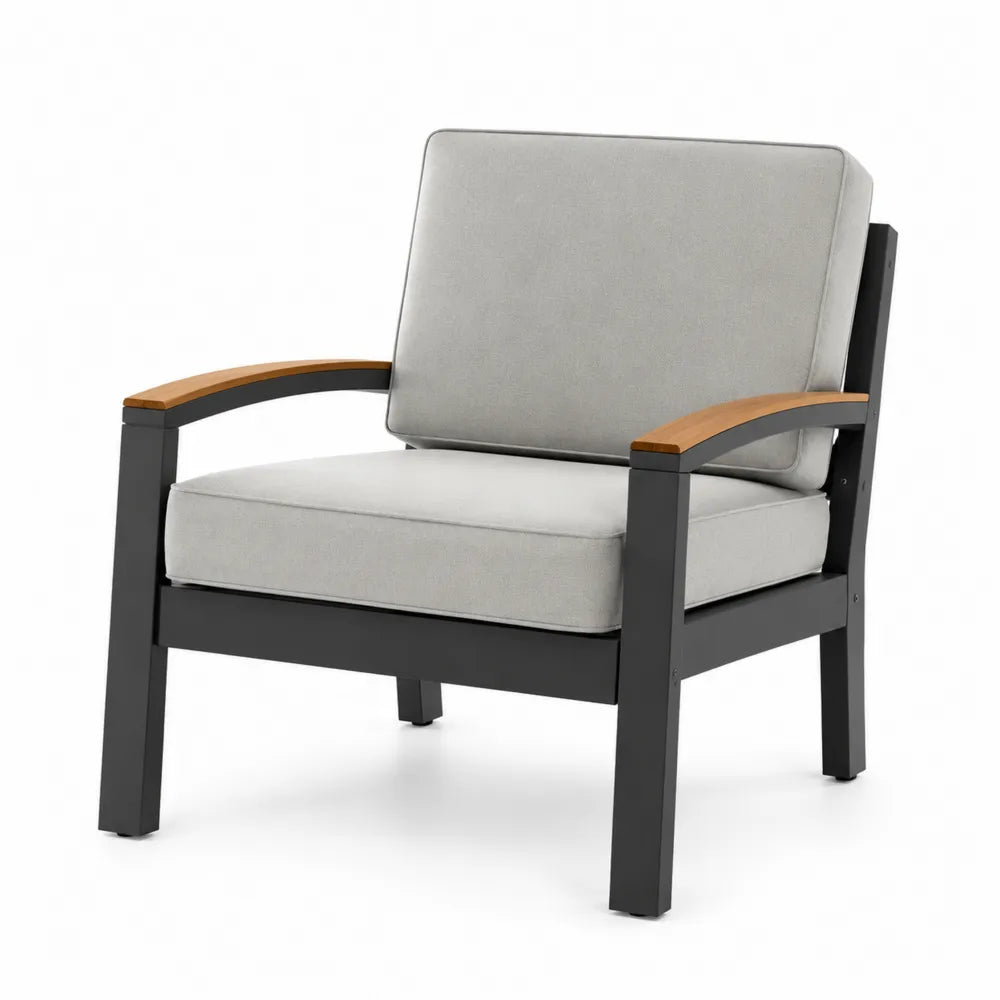 Fauteuil de jardin 1 place en aluminium noir avec accoudoirs en bois et coussins gris 74 x 80 x 82 cm