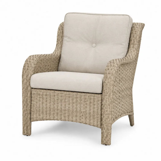 Fauteuil de jardin 1 place en résine tressée beige avec coussins écru 75 x 80 x 85 cm