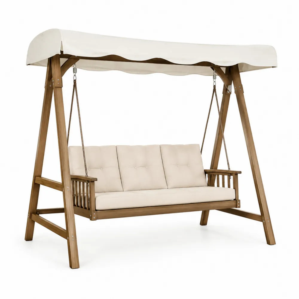 Balançoire de jardin 3 places avec toit en bois massif et coussins polyester écru 200 cm environ