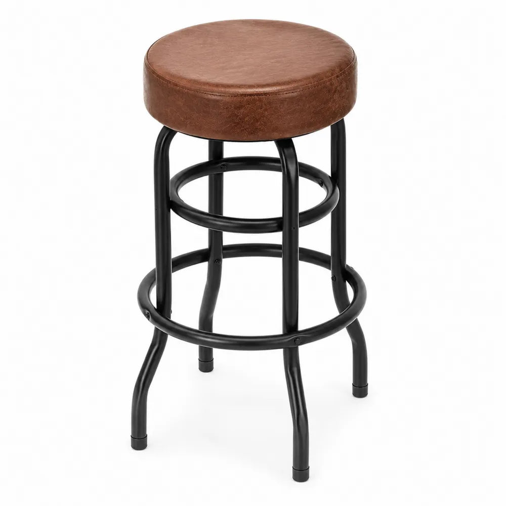 Tabouret de bar rond en PU brun structure acier noir repose-pieds circulaires 46 cm x 46 cm x 66 cm