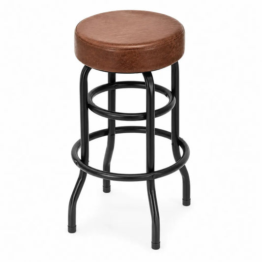 Tabouret de bar rond en PU brun structure acier noir repose-pieds circulaires 46 cm x 46 cm x 66 cm