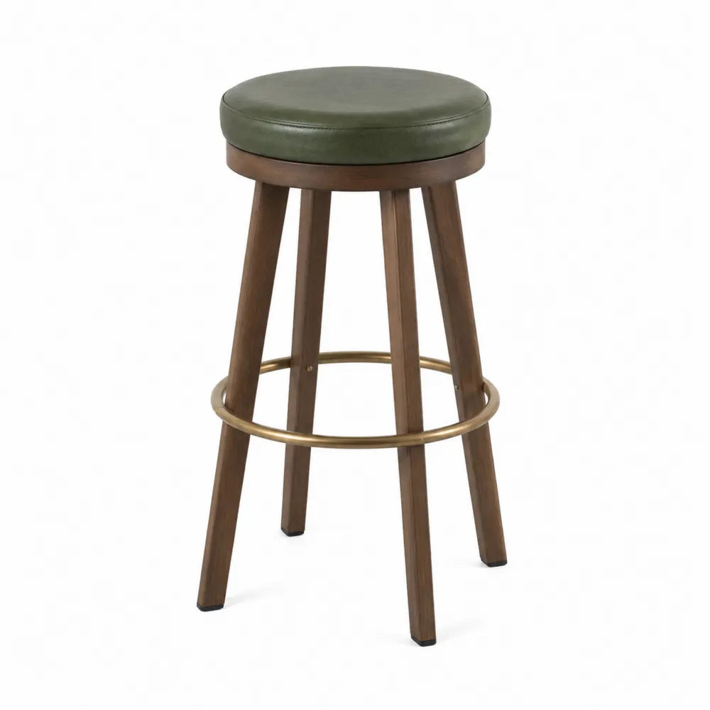 Tabouret de bar rond 65 cm x 40 cm x 40 cm assise verte sans dossier bois massif finition noyer repose-pieds métal doré