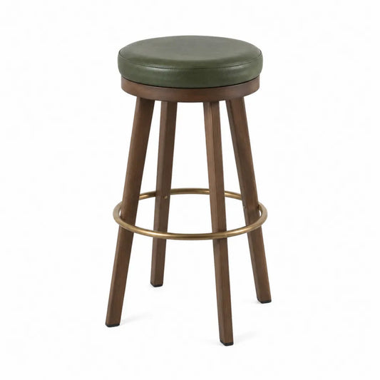 Tabouret de bar rond 65 cm x 40 cm x 40 cm assise verte sans dossier bois massif finition noyer repose-pieds métal doré