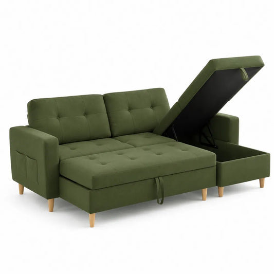 Canapé d’angle convertible avec coffre et méridienne droite tissu polyester vert olive 3 places
