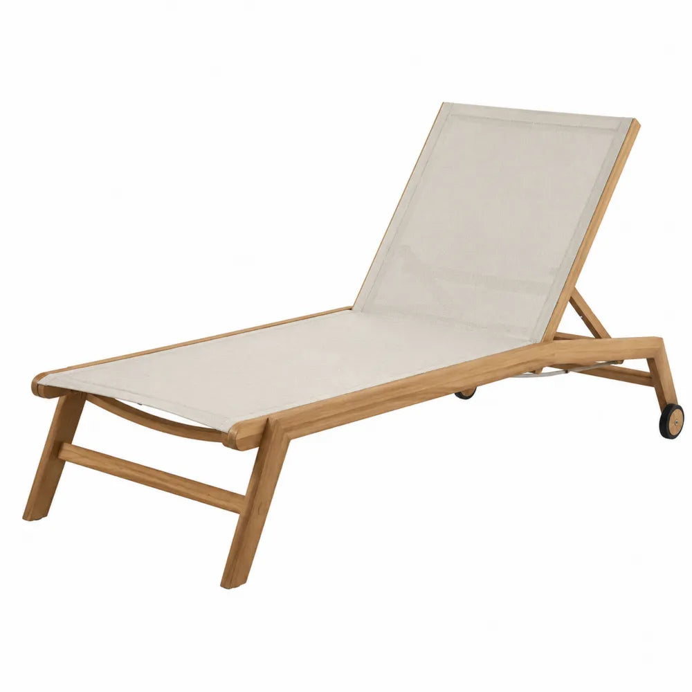 Chaise longue de jardin réglable en bois d’acacia avec roues et toile textilène beige 200 x 65 x 88 cm