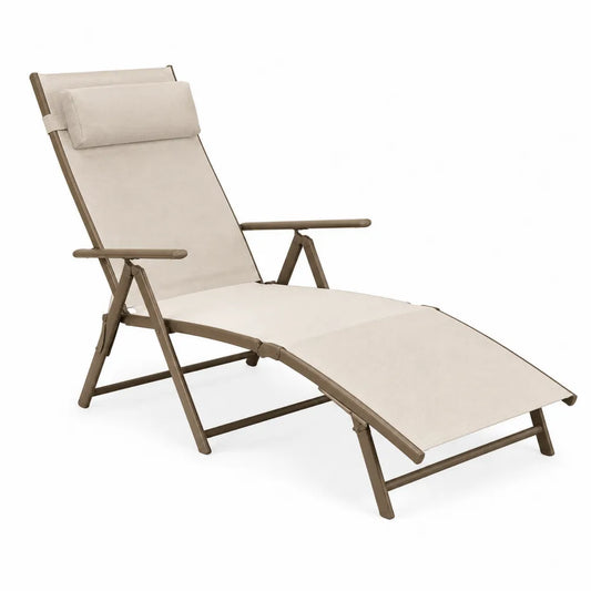 Chaise longue de jardin réglable en acier taupe et textilène beige avec appui-tête 170 x 65 x 80 cm