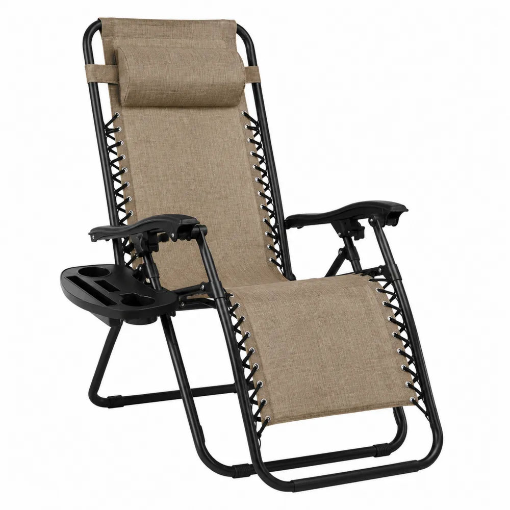 Fauteuil relax zéro gravité pliant avec porte-gobelet plateau latéral acier thermolaqué noir textilène taupe 90 cm x 78 cm x 112 cm
