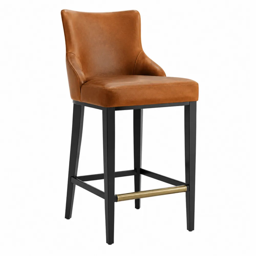 Tabouret de bar dossier métal noir assise en PU marron 45 cm x 50 cm x 95 cm