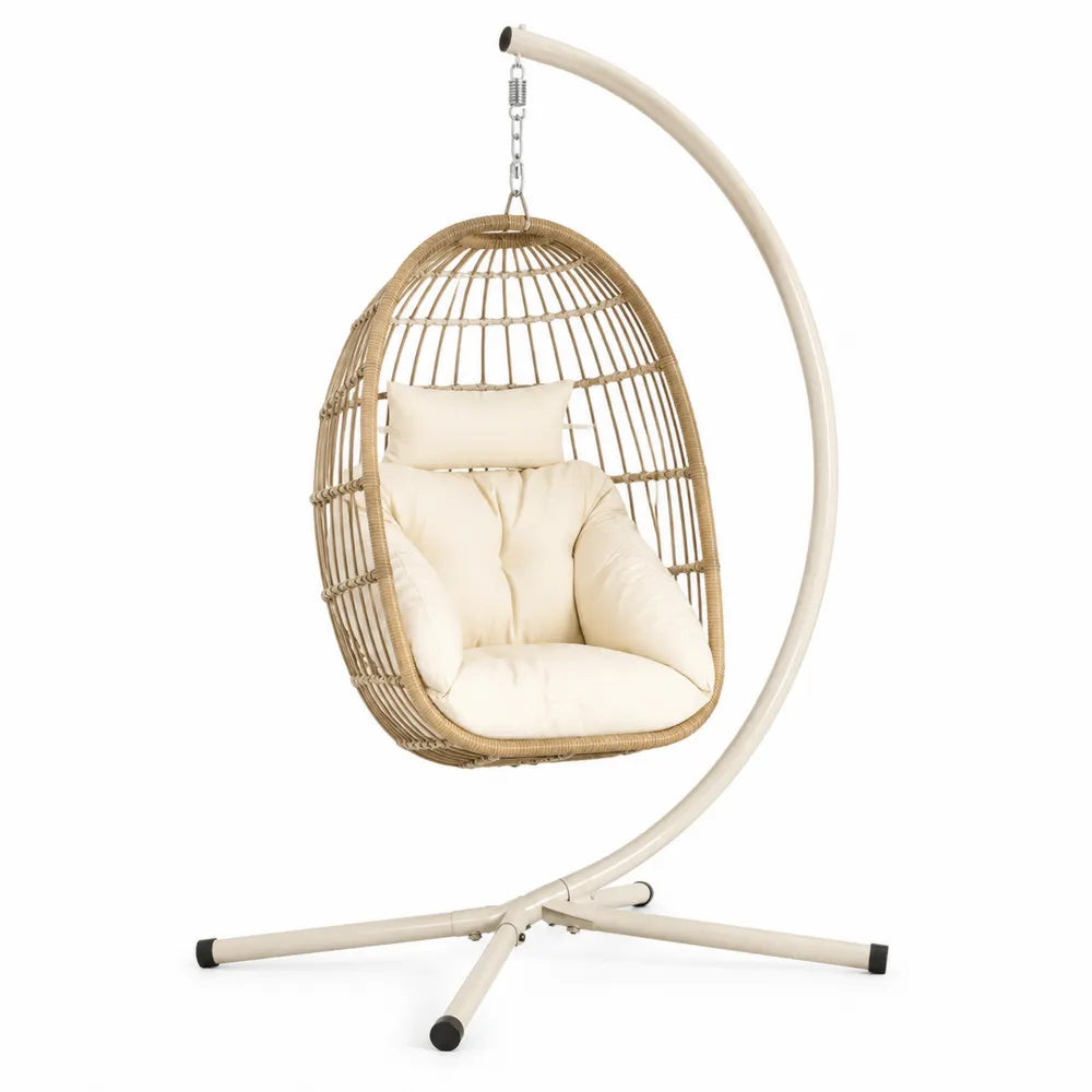 Fauteuil suspendu œuf avec support acier thermolaqué blanc cassé résine PE tressée beige coussins polyester écru 105 cm x 105 cm x 198 cm
