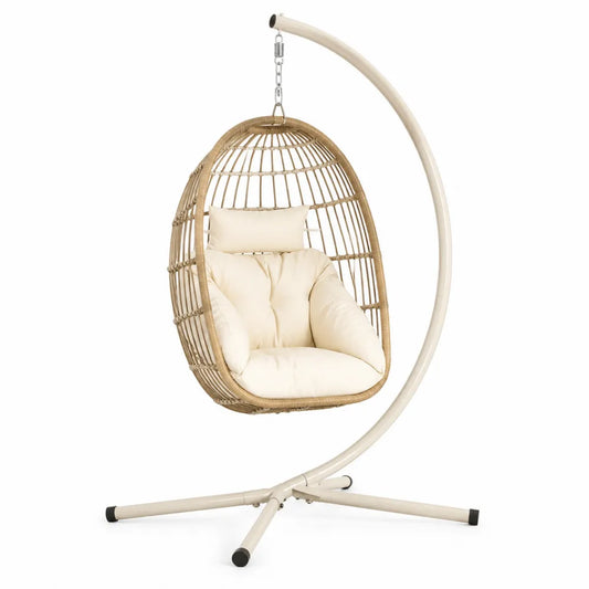 Fauteuil suspendu œuf avec support acier thermolaqué blanc cassé résine PE tressée beige coussins polyester écru 105 cm x 105 cm x 198 cm