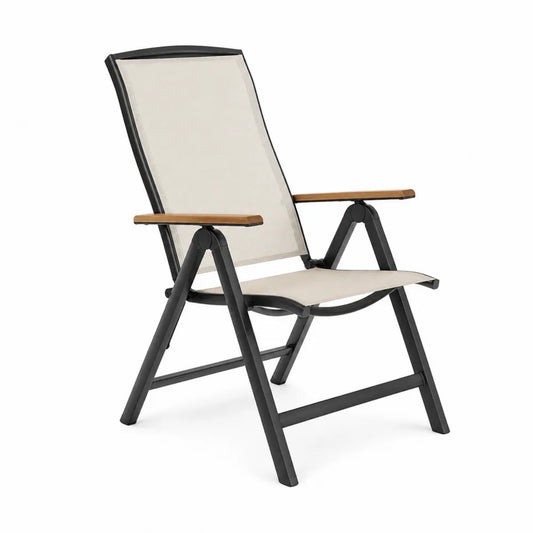 Chaise de jardin pliante inclinable en acier noir et textilène beige avec accoudoirs en bois 65 x 80 x 110 cm
