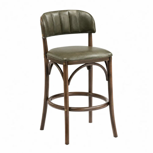 Tabouret de bar avec dossier 52 cm x 54 cm x 101 cm PU vert olive bois massif finition noyer repose-pieds bois