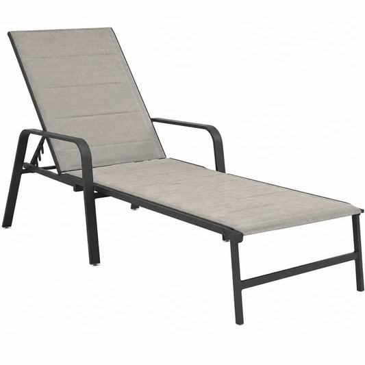 Chaise longue de jardin réglable avec accoudoirs aluminium thermolaqué noir textilène gris taupe 195 cm x 67 cm x 92 cm