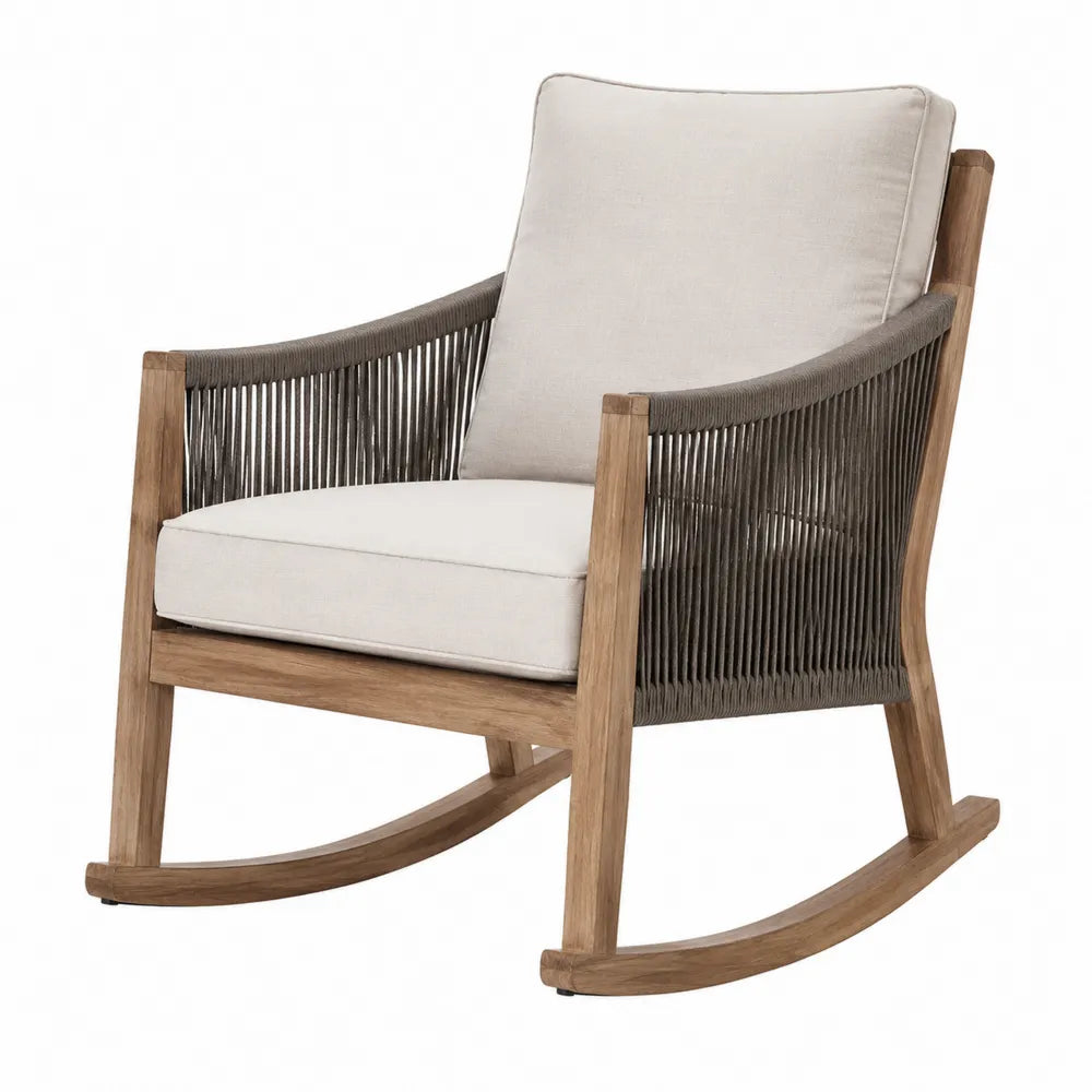 Fauteuil à bascule de jardin en bois d’acacia avec corde tressée et coussins beige 75 x 85 x 90 cm