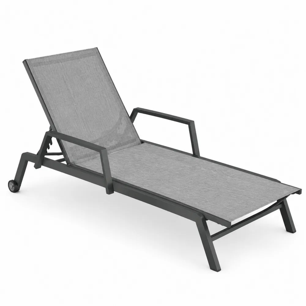 Chaise longue de jardin à roulettes réglable aluminium thermolaqué anthracite textilène gris 196 cm x 65 cm x 100 cm