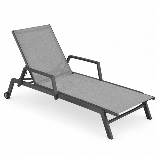 Chaise longue de jardin à roulettes réglable aluminium thermolaqué anthracite textilène gris 196 cm x 65 cm x 100 cm