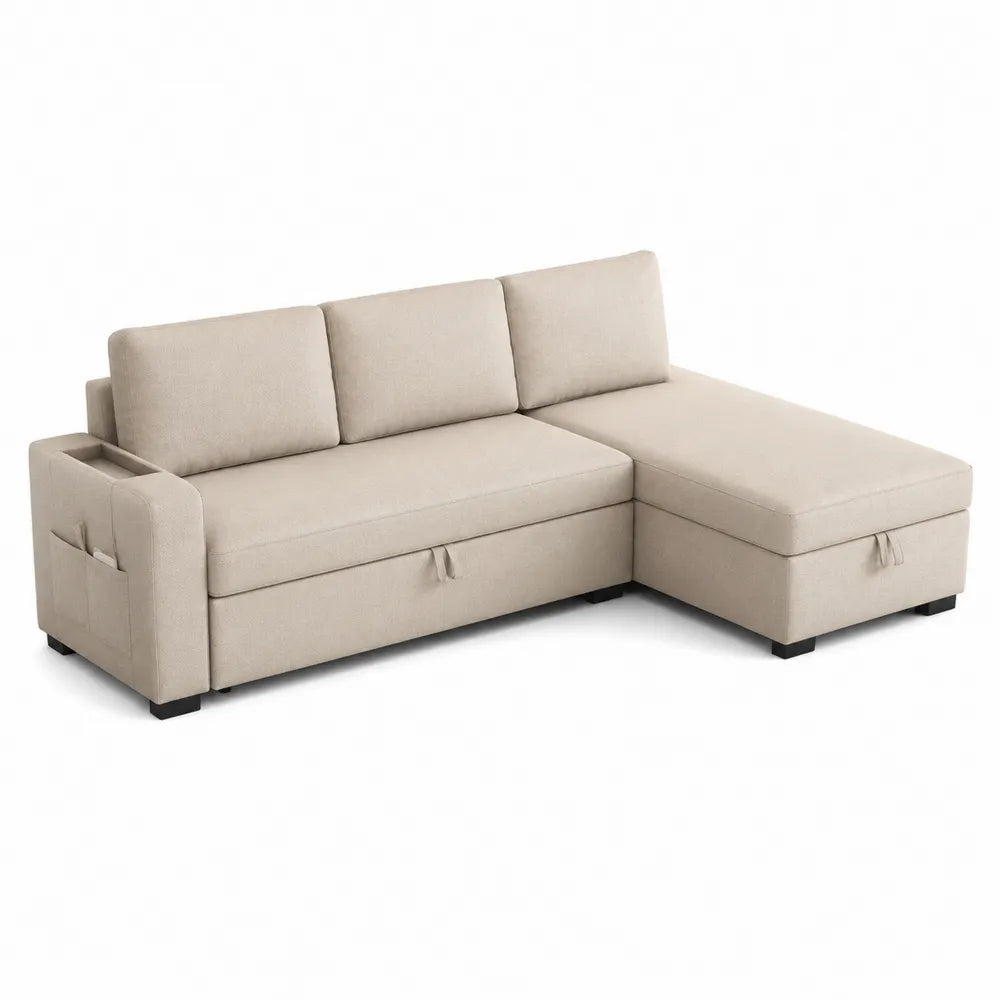 Canapé d’angle modulable droit avec chaise longue et rangement polyester beige 252 x 160 x 90 cm