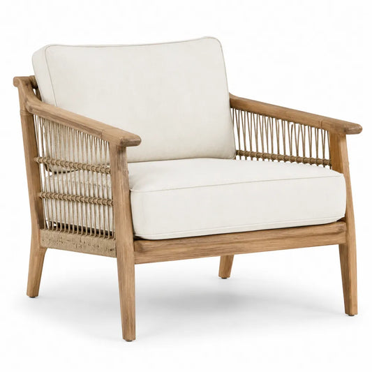 Fauteuil de jardin 1 place en bois d’acacia corde polyester beige coussins crème 82 cm x 82 cm x 78 cm