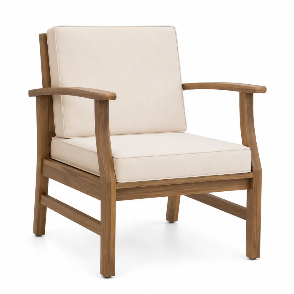 Fauteuil de jardin 1 place en bois d’acacia coussins polyester crème 72 cm x 78 cm x 84 cm