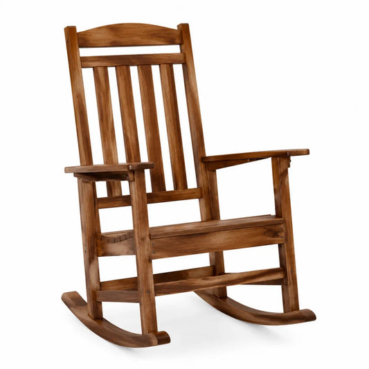 Fauteuil à bascule de jardin en bois massif d’acacia marron avec dossier à lattes et accoudoirs 62 cm x 90 cm x 111 cm