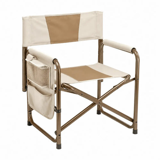 Chaise de jardin pliante avec accoudoirs et poches latérales acier thermolaqué taupe polyester beige et camel 58 cm x 55 cm x 88 cm