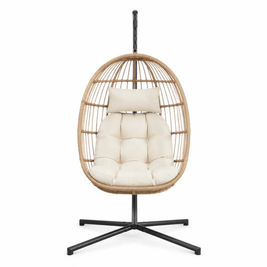 Fauteuil suspendu de jardin 1 place en résine tressée PE naturel avec support acier noir et coussins écru