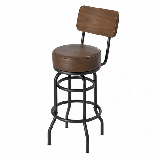 Tabouret de bar avec dossier bois et assise rembourrée PU cadre acier noir assise ronde 48 x 48 x 105 cm