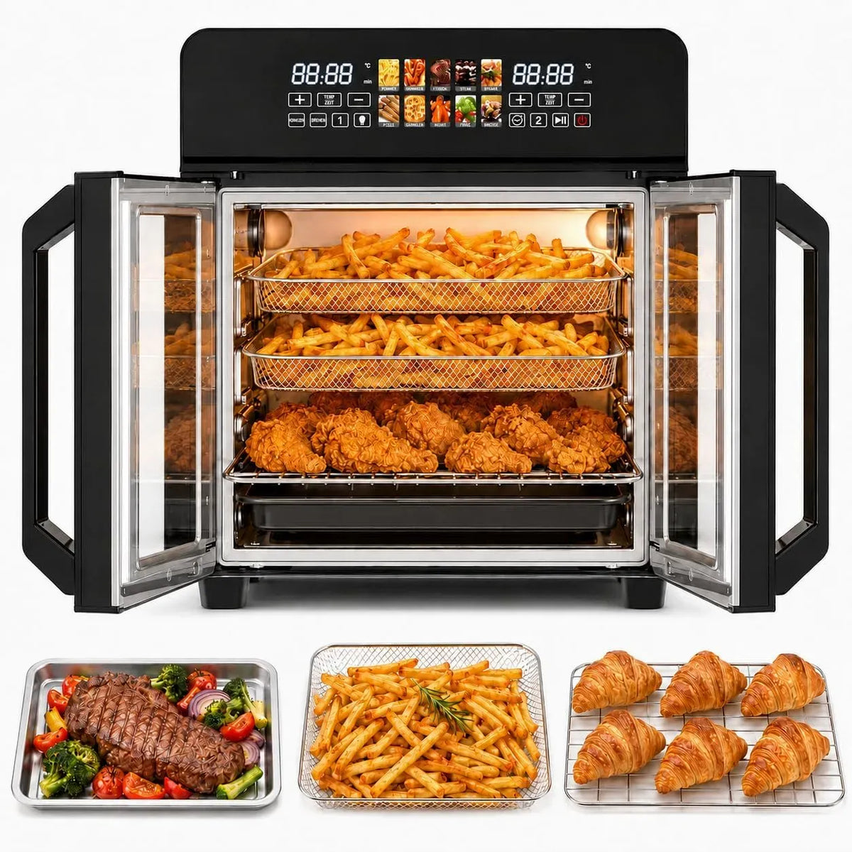 Four électrique XXL 23, 23 L, 2400 W, 19 programmes, 50 à 200 °C, amovible, acier inoxydable, noir, Écran LED, Noir Inox