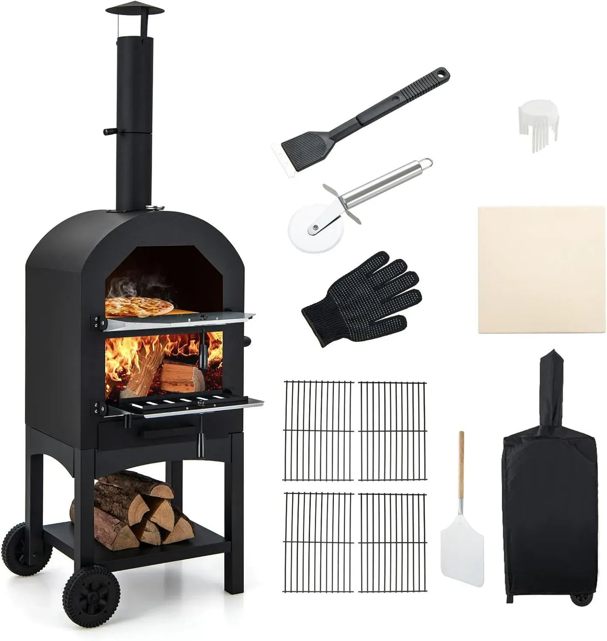Four électrique à pizza, 162cm, GOPLUS, extérieur, camping, Fours à Pizza avec 2 Roues et Housse Imperméable, Poignée Ergonomique pour Camping