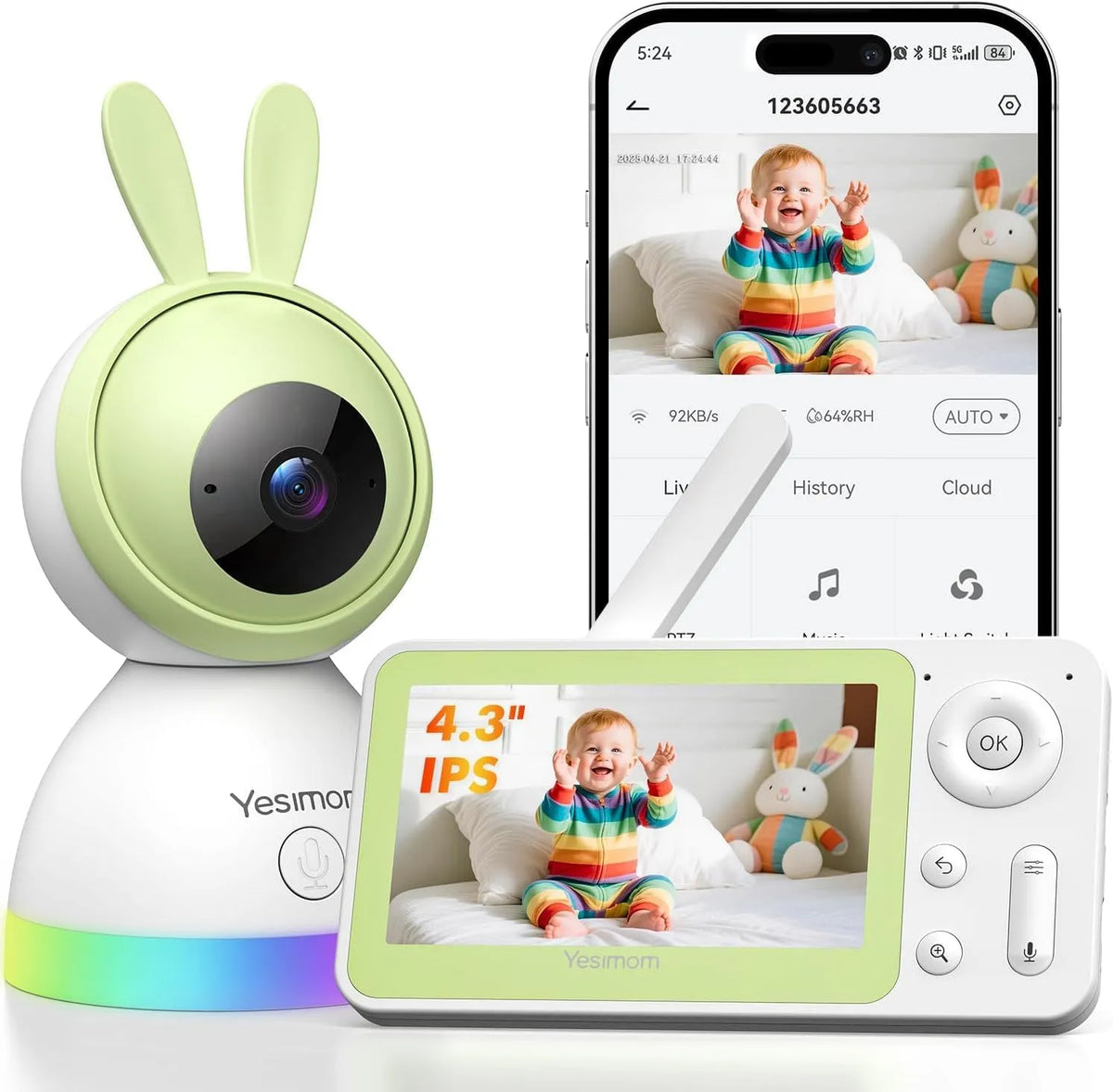 Moniteur, portable, Wi-Fi, caméra Portable sans WiFi et WiFi Double Mode, Suivi Automatique à 360°, de bébé avec écran de 4,3'